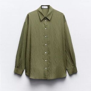 ZARA OVERSIZED PINSTRIPE MOTHER OF PEARL BUTTON UP LONG SLEEVE SHIRT Green XS